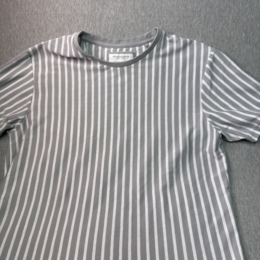 Denim & Flower Ricky Singh Medium T Shirt Short Sleeve Grey White Stripe